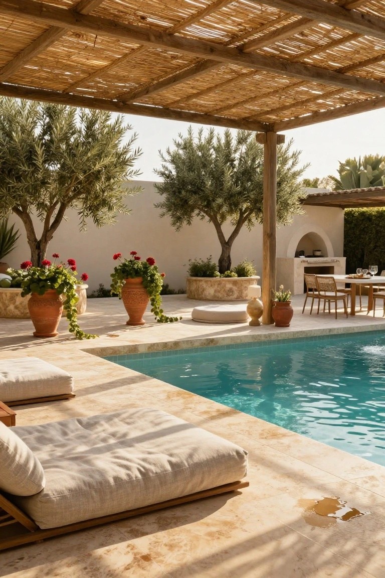 Outdoor pool with turquoise water and beige stone surround, shaded by a thatched pergola over a cushioned daybed, flanked by olive trees and terracotta pots of red geraniums, with a dining area and outdoor kitchen nearby.