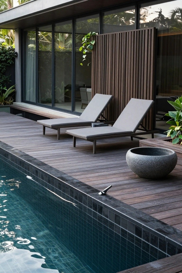 Wooden deck beside a narrow dark-tiled pool with two gray loungers, a large gray stone planter nearby, and a modern house featuring glass walls and wooden privacy screen in the background.