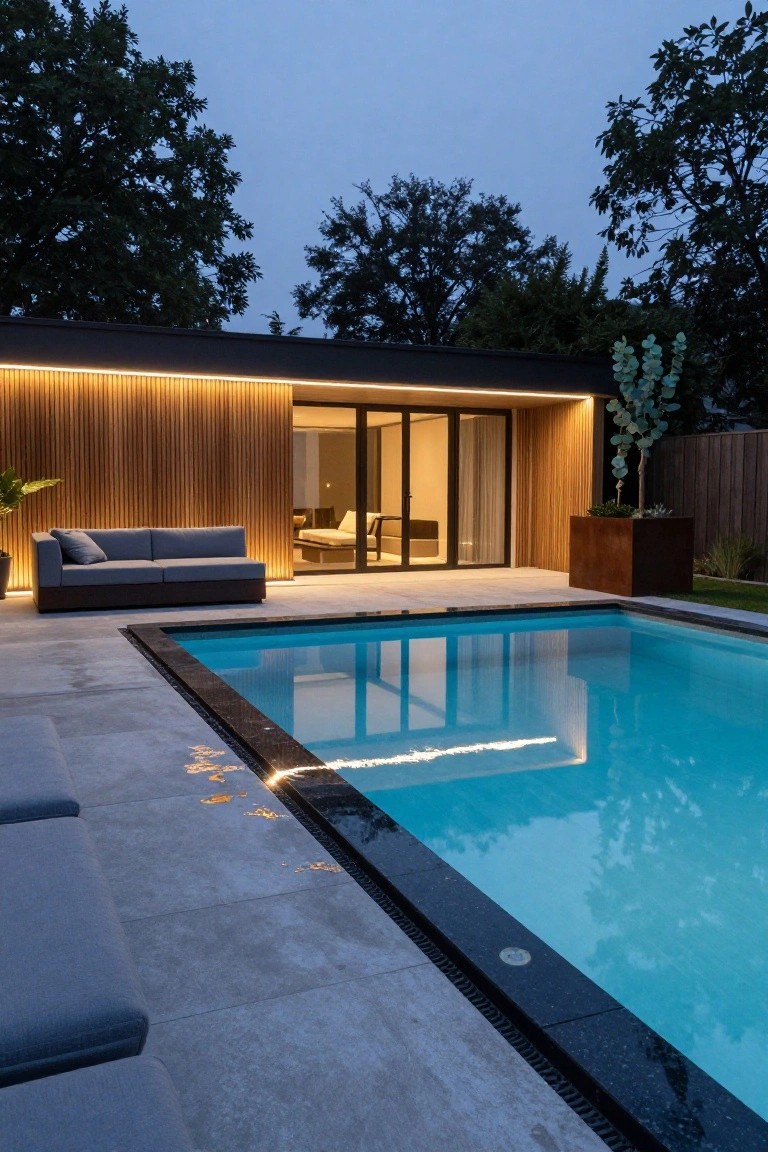 20 Cool Blue Pool Tile Ideas For Crystal Clear Water Outdoor pool at dusk with black edging around bright blue water, gray lounge chairs on light stone decking, wood-paneled pool house with glass doors, potted plants, and trees in background.