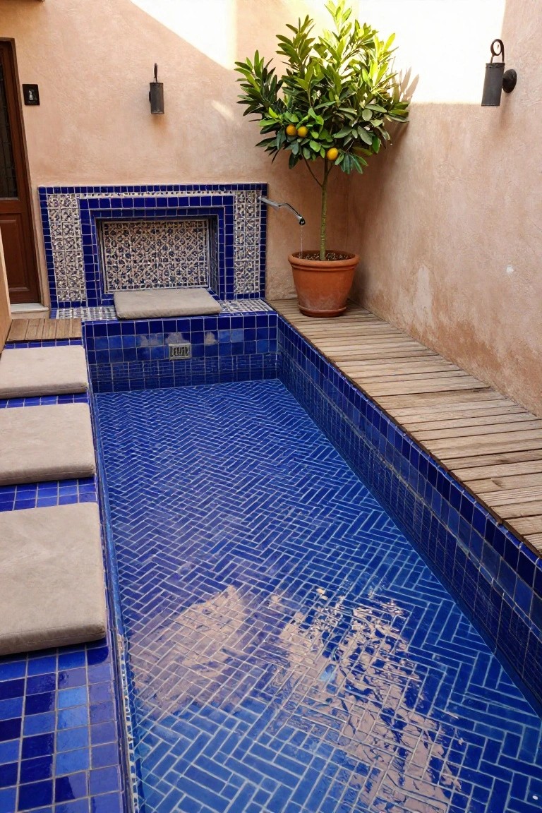 20 Cool Blue Pool Tile Ideas For Crystal Clear Water Narrow rectangular pool with blue mosaic tiles in a herringbone pattern inside a walled courtyard, featuring wooden benches, cushioned steps, a small potted citrus tree, wall lanterns, and a tiled fountain.