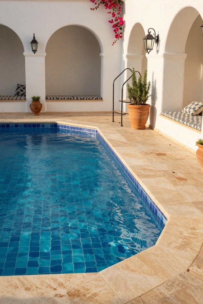 20 Cool Blue Pool Tile Ideas For Crystal Clear Water A rectangular swimming pool lined with small turquoise mosaic tiles, surrounded by beige travertine decking, white stucco walls with arched niches containing cushions and plants, terracotta pots, and black lanterns.
