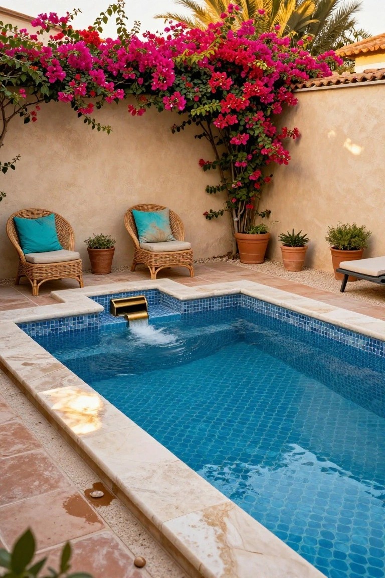 20 Cool Blue Pool Tile Ideas For Crystal Clear Water Small rectangular pool with blue mosaic tiles and gold waterfall spout at one end, surrounded by stone edging, rattan chairs with cushions, potted plants, and bougainvillea vines on beige walls.