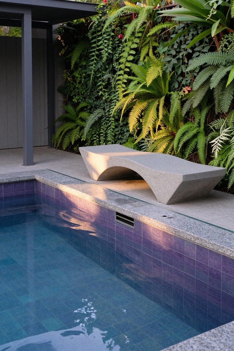 20 Cool Blue Pool Tile Ideas For Crystal Clear Water Arched gray concrete bench positioned next to a rectangular pool lined with purple-blue mosaic tiles, surrounded by lush green tropical plants and a gray wall structure.