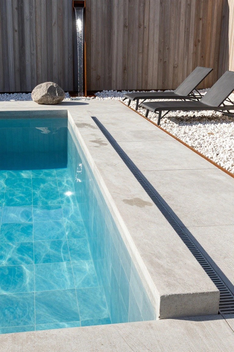 20 Cool Blue Pool Tile Ideas For Crystal Clear Water Close view of a turquoise blue tiled pool with clear rippling water, light gray concrete decking edge with drainage grate, two black lounge chairs on white pebbles nearby, large rock, wooden fence, and thin vertical metal waterfall feature.