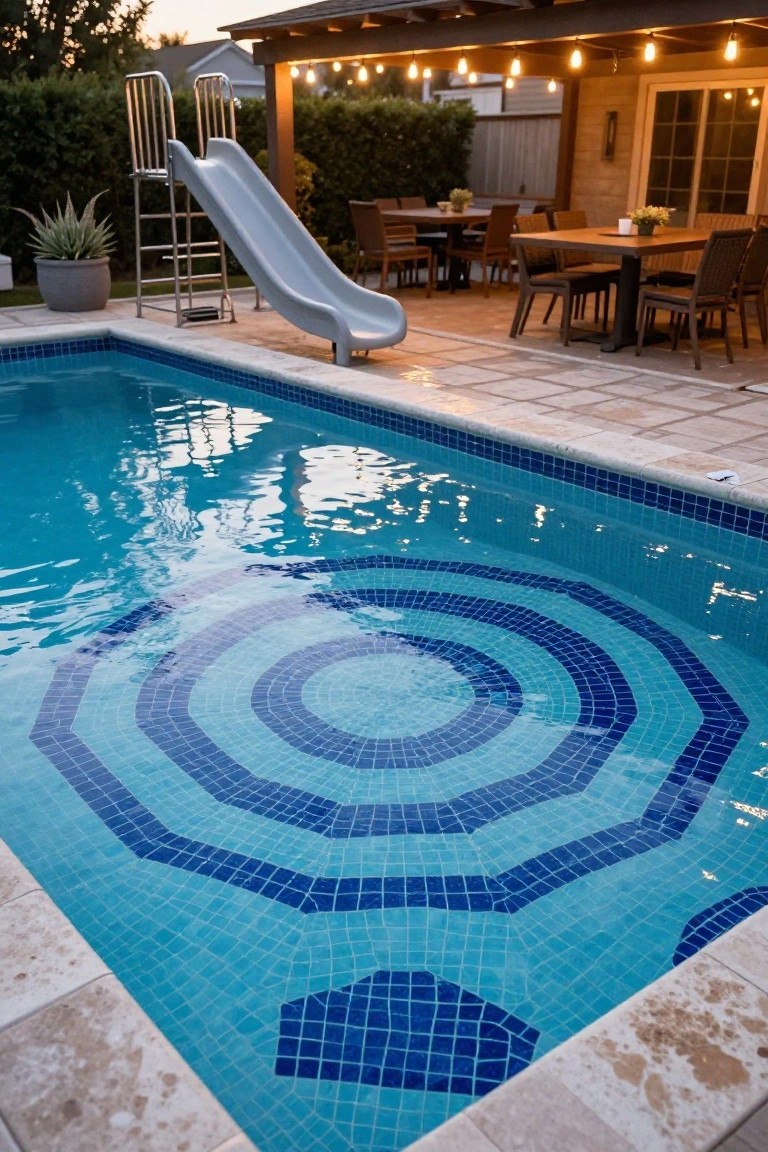 20 Cool Blue Pool Tile Ideas For Crystal Clear Water Backyard swimming pool with white slide, blue mosaic tile bottom showing concentric circles and octagonal pattern, adjacent stone patio with wooden dining table, chairs, potted plants, and pergola strung with lights.