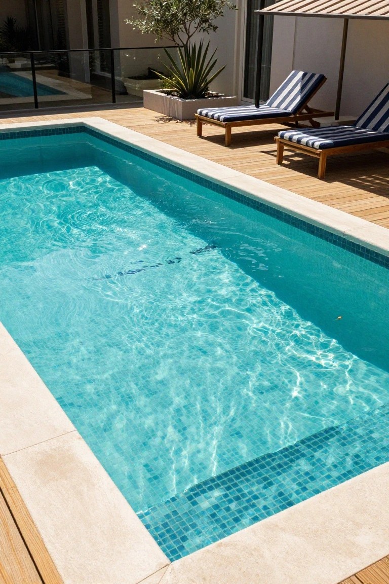 20 Cool Blue Pool Tile Ideas For Crystal Clear Water A rectangular pool lined with small blue mosaic tiles and clear rippling water, bordered by beige stone coping and wooden decking with two striped lounge chairs and potted plants nearby.