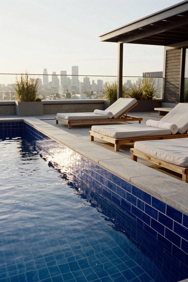 20 Cool Blue Pool Tile Ideas For Crystal Clear Water Rooftop infinity-edge pool with glossy blue mosaic tiles along the edges, wooden loungers topped with white cushions and rolled towels, potted tall grasses, glass railing, and city skyline in the background.