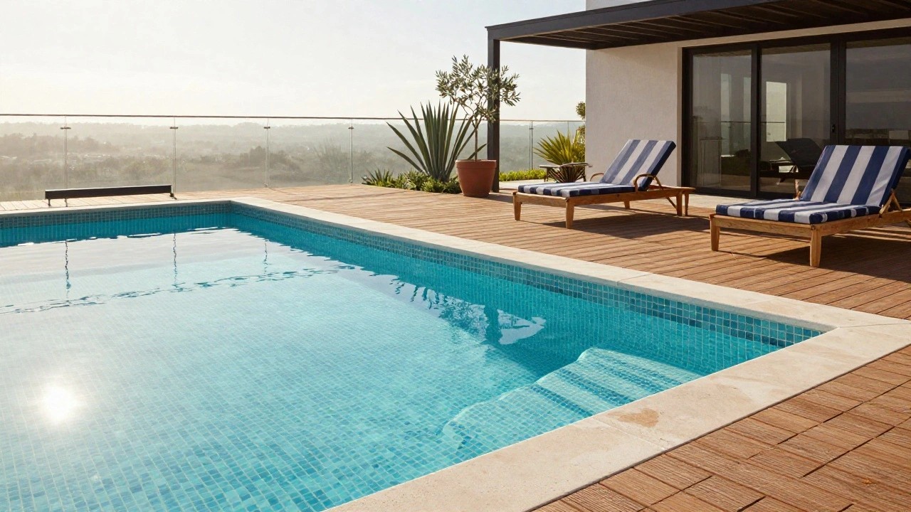 A rectangular pool lined with small blue mosaic tiles and clear rippling water, bordered by beige stone coping and wooden decking with two striped lounge chairs and potted plants nearby.