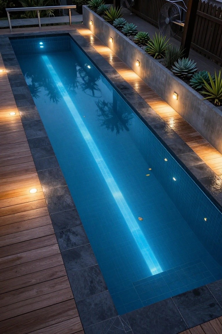 20 Cool Blue Pool Tile Ideas For Crystal Clear Water Overhead view of a long narrow rectangular pool filled with glowing blue water at night, edged in black tiles and wooden decking, with concrete planters of succulents, warm ground lights, and fans in the background.