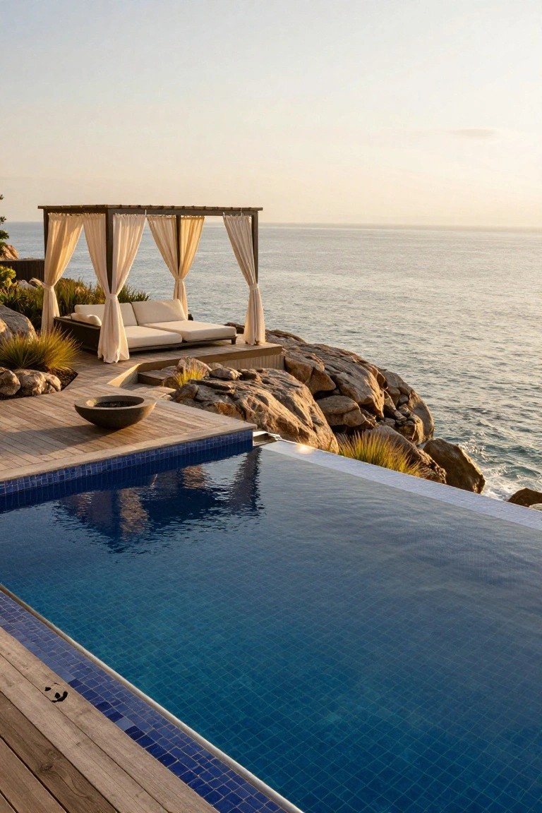 20 Cool Blue Pool Tile Ideas For Crystal Clear Water Wooden deck with infinity edge pool featuring blue mosaic tiles, overlooking rocky cliffs and ocean, including a draped daybed pavilion, fire bowl, and grasses at dusk.