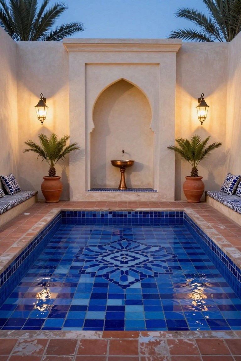 20 Cool Blue Pool Tile Ideas For Crystal Clear Water Small rectangular pool with blue mosaic tiles forming a central geometric starburst pattern, surrounded by terracotta decking, potted palms, cushioned benches, wall lanterns, and a brass fountain in a stucco courtyard with arched niche at dusk.