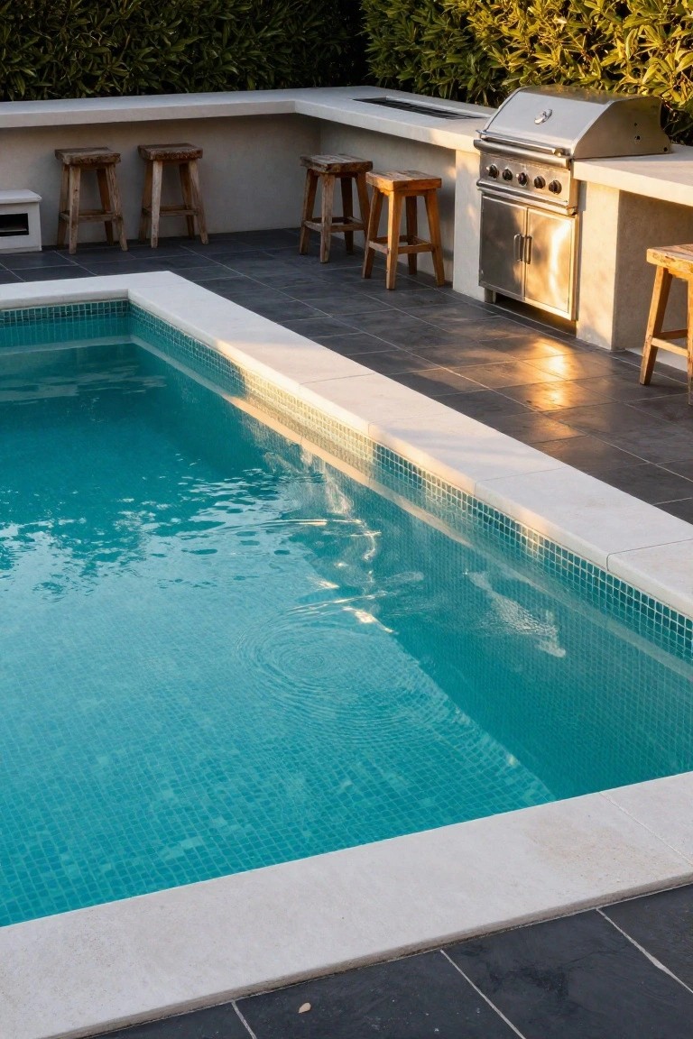20 Cool Blue Pool Tile Ideas For Crystal Clear Water Rectangular in-ground pool lined with small blue mosaic tiles, next to a light concrete countertop holding a stainless steel barbecue grill and wooden bar stools, on a black tiled deck with hedges in the background.