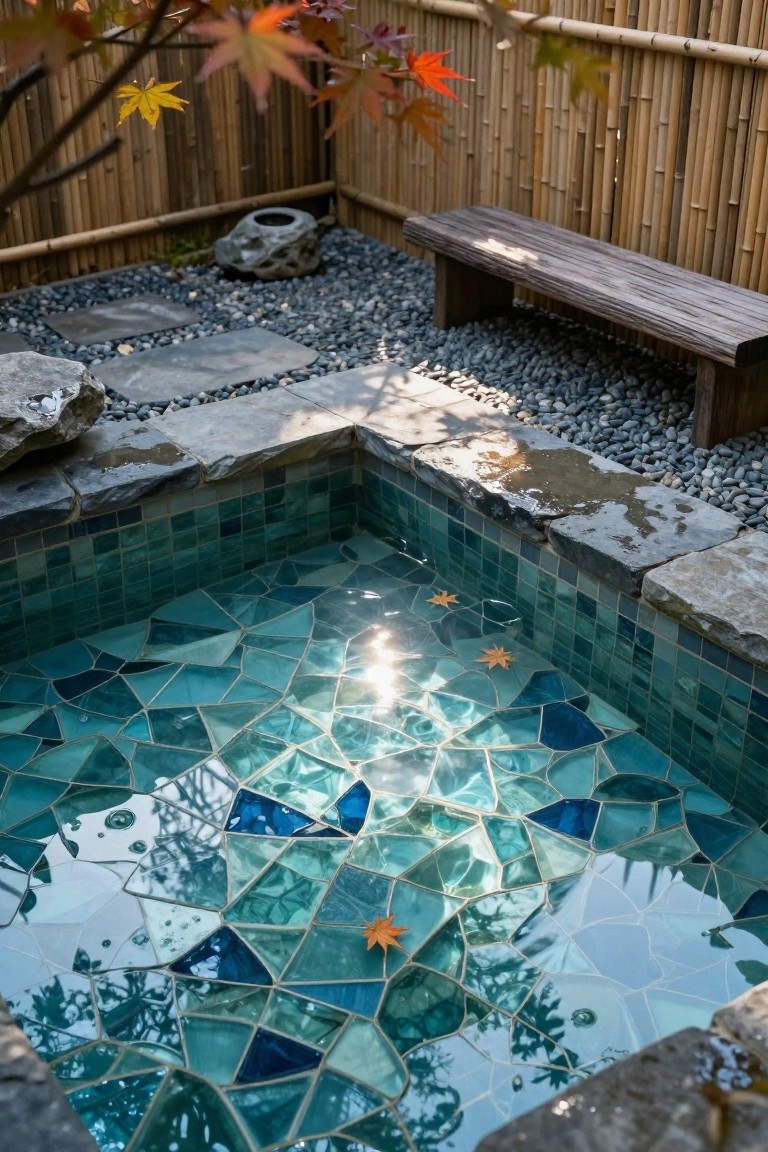 20 Cool Blue Pool Tile Ideas For Crystal Clear Water Overhead view of a small rectangular pool with irregular turquoise and blue glass mosaic tiles, water reflecting sunlight, surrounded by natural stone edges, gravel, rocks, a wooden bench, and bamboo fencing with autumn leaves nearby.