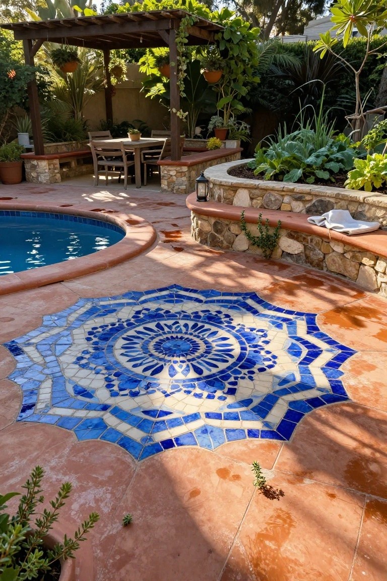 20 Cool Blue Pool Tile Ideas For Crystal Clear Water Kidney-shaped blue swimming pool surrounded by terracotta deck with a large blue and white mosaic mandala tile circle nearby, wooden pergola with hanging plants, stone benches, garden beds, and potted greenery in a backyard outdoor area.