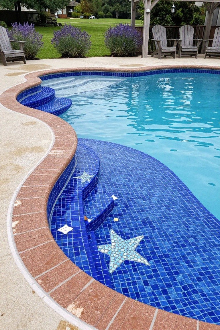 20 Cool Blue Pool Tile Ideas For Crystal Clear Water Curved pool steps tiled in blue mosaic with white starfish designs, surrounded by beige decking, lavender bushes, wooden Adirondack chairs, and a wooden pergola nearby.