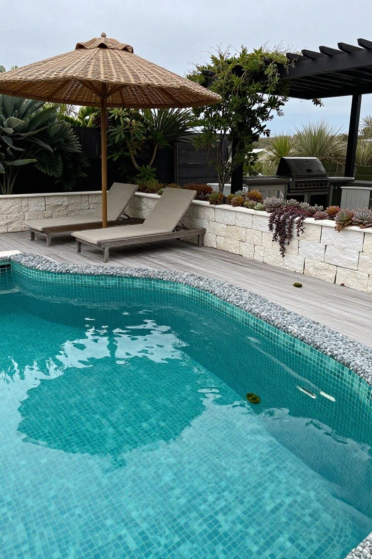 20 Cool Blue Pool Tile Ideas For Crystal Clear Water Turquoise mosaic-tiled pool edged with pebbles and wood decking, flanked by beige stone walls with succulents, two beige loungers under a thatched umbrella, greenery, and a black barbecue grill nearby.