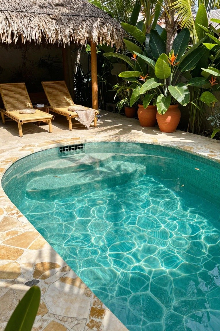 20 Cool Blue Pool Tile Ideas For Crystal Clear Water Small oval pool with turquoise mosaic tiles and clear water, edged by sandstone pavers, next to bamboo loungers under a thatched roof shelter amid tropical plants and orange terracotta pots.