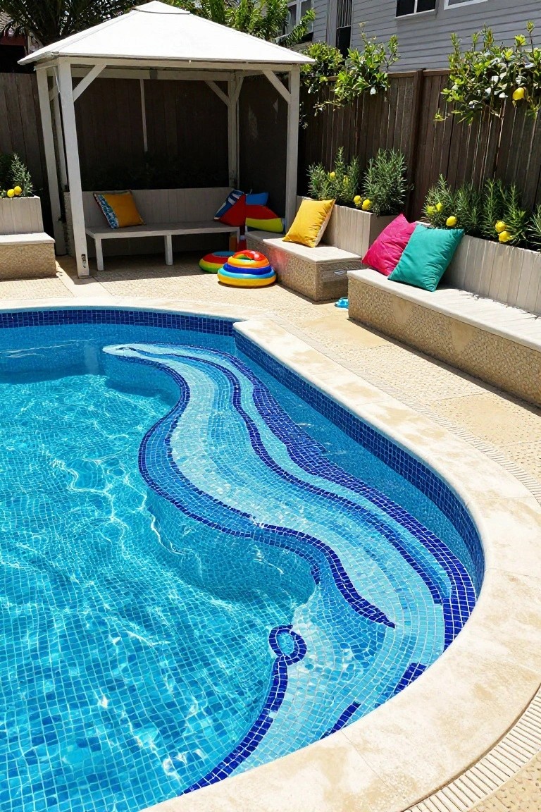 20 Cool Blue Pool Tile Ideas For Crystal Clear Water Curved backyard pool with blue mosaic tiles forming wavy patterns along the edge, beige stone decking, white gazebo with benches and colorful cushions, potted lemon trees, and rosemary plants.