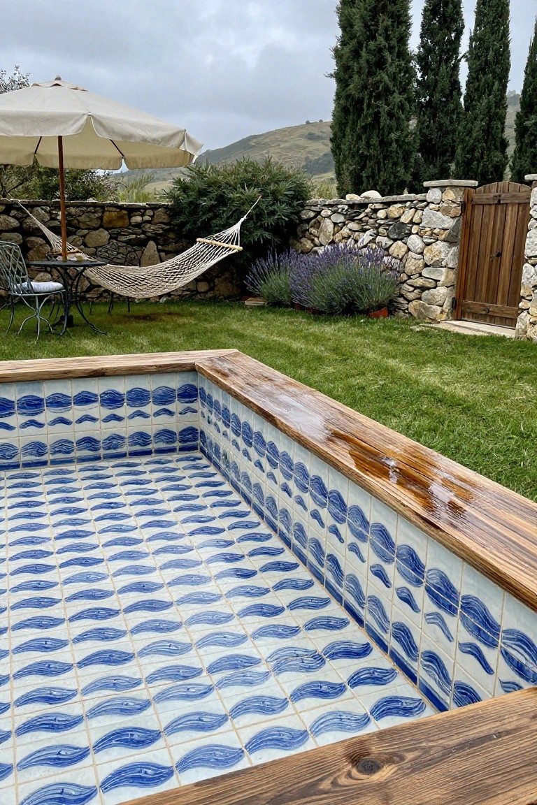 20 Cool Blue Pool Tile Ideas For Crystal Clear Water Rectangular above-ground pool with blue wavy patterned tiles on white background and wooden edging, empty of water, set in grassy yard with hammock, chairs, umbrella, lavender plants, stone wall, wooden gate, and tall cypress trees.