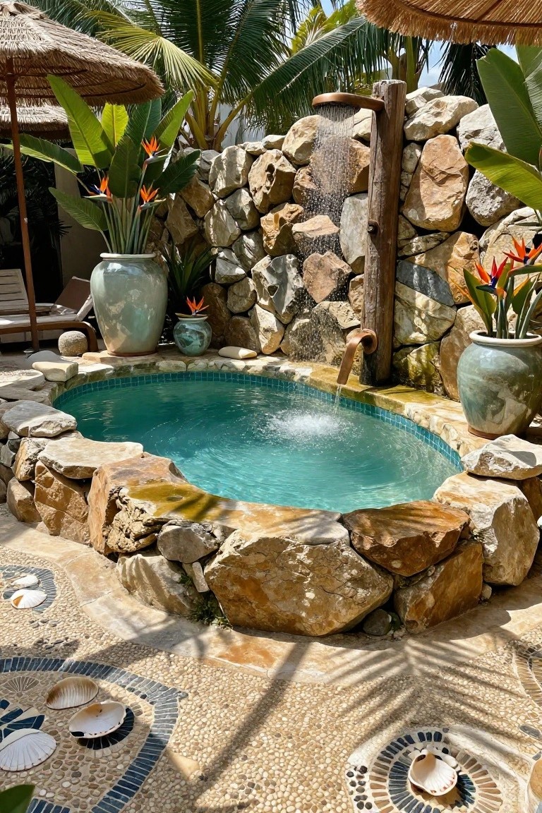 Oval turquoise inground pool surrounded by stacked natural boulders with a copper shower on a wooden post, tropical plants in ceramic pots, loungers, thatched umbrellas, and pebble flooring with shell mosaics in a tropical backyard.