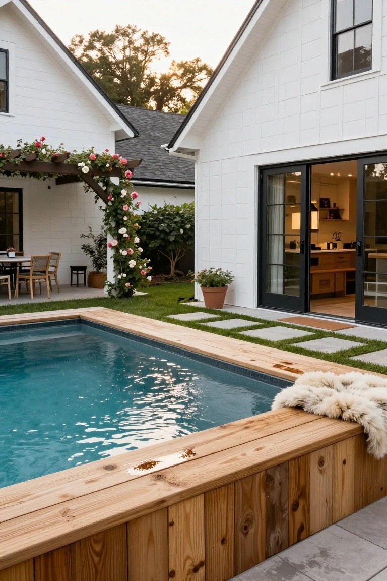 Inground pool in a backyard with a wooden slat bench built along one edge, a fluffy white sheepskin throw draped over the bench, white house exterior with black sliding doors opening to the pool area, climbing roses on a pergola, and an outdoor dining table nearby.