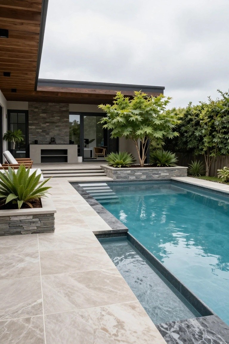 Modern backyard inground pool with dark stone coping and light beige porcelain tile deck, steps leading into the water, stone retaining walls with plants, and a contemporary house with wood accents in the background.