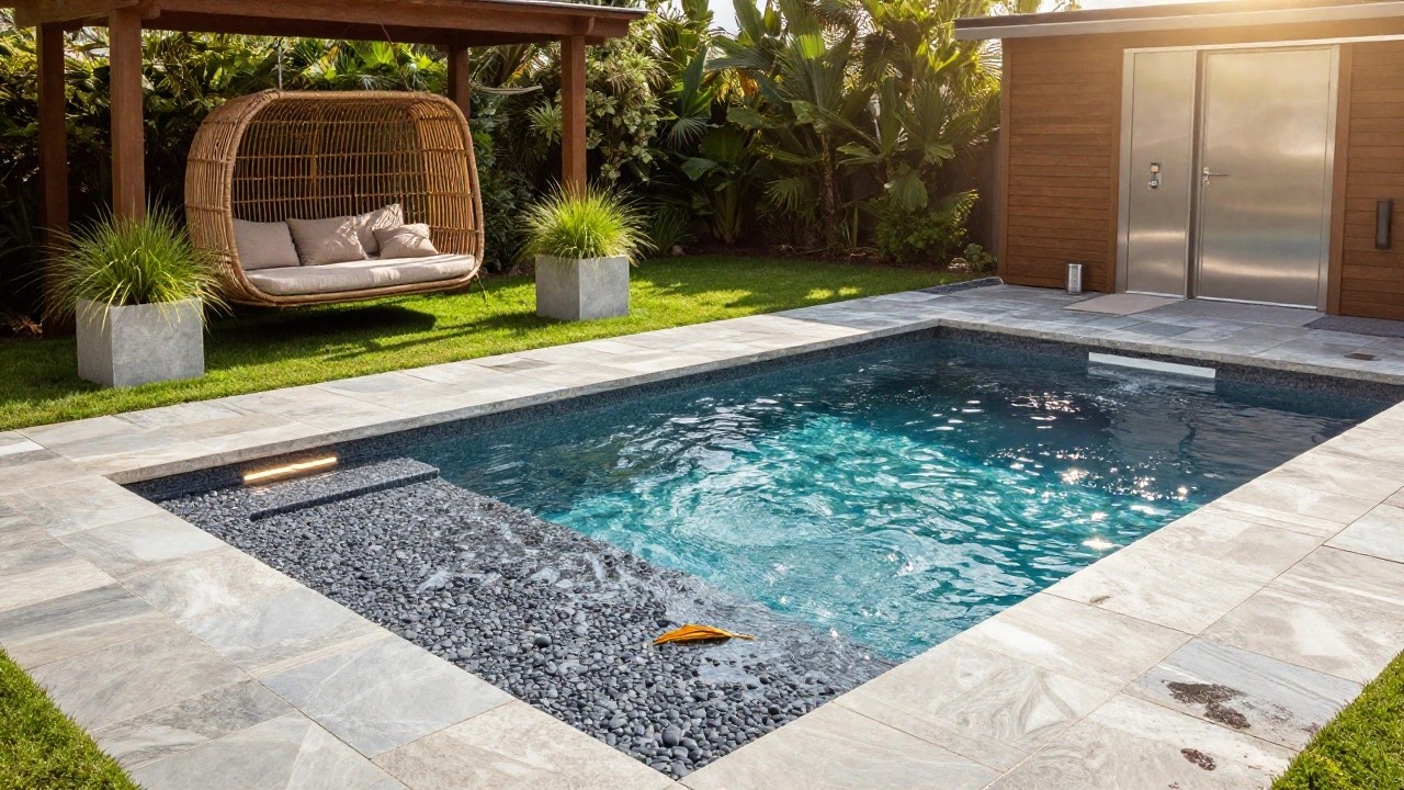 Backyard inground pool with dark stone deck edged by black pebbles and grass lawn, wooden pergola with hanging beige rattan egg chair containing cushions, potted grasses, hedges, and palm trees nearby.