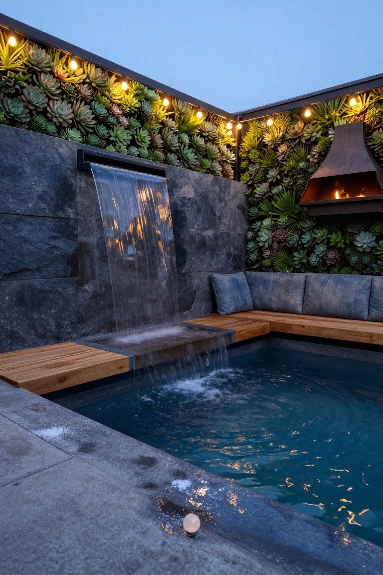 Corner inground pool with dark stone waterfall cascading from a vertical succulent garden wall, wooden benches along the edges, string lights above, and a metal fire pit nearby at dusk.