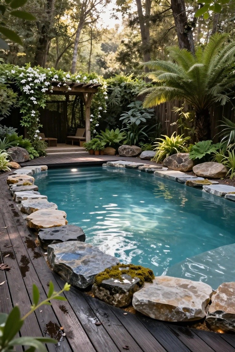 Turquoise inground pool with irregular natural stone edging including moss-covered rocks, surrounded by dark wood decking, large boulders, tropical plants, and trees in a shaded backyard.