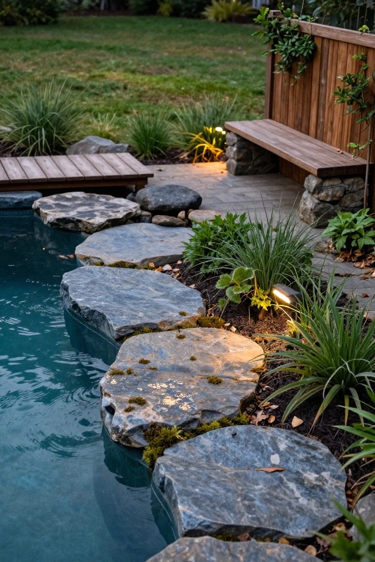 Close-up view of an inground pool edge with large irregular gray stones protruding over turquoise water, moss on stones, surrounded by grasses, plants, rocks, and ground lights, wooden bench and fence in background.