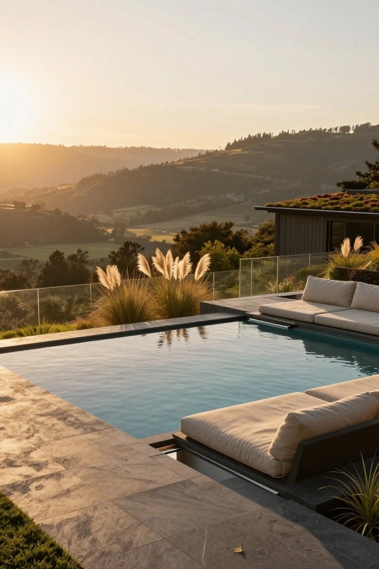 Infinity-edge swimming pool with low-profile cream lounge seats positioned directly along the deck edge, glass railings, pampas grass plantings, and a modern house with green roof overlooking hills at sunset.