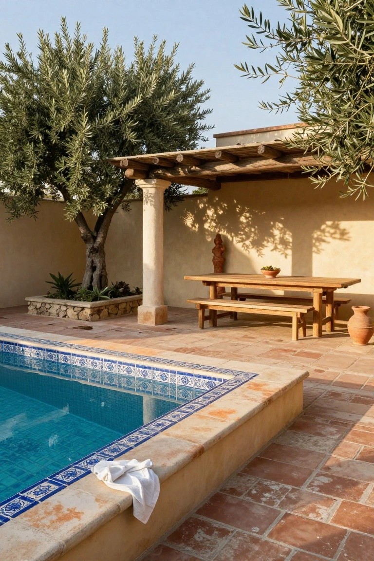 Inground pool with blue and white tile edging and a white towel draped on the side, next to a rustic wooden dining table and benches under a pergola with olive trees and a terracotta statue nearby.