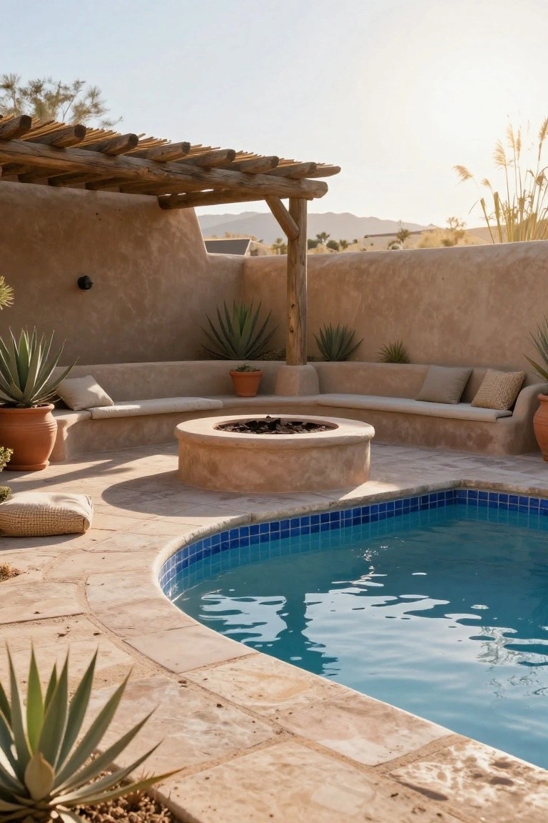 Curved blue-tiled inground pool next to a round stone fire pit encircled by beige built-in bench seating on a tiled patio, with adobe walls, agave plants in terracotta pots, pillows on benches, and a wooden pergola against desert mountains at sunset.