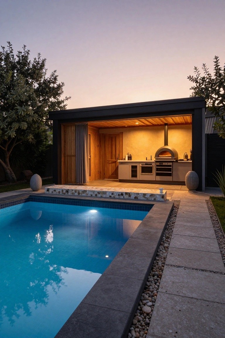 Inground pool next to an open-sided pavilion with wood interior, outdoor kitchen cabinets, double ovens, wood-fired pizza oven, stone spheres, potted plants, and pebbled pathway at dusk.