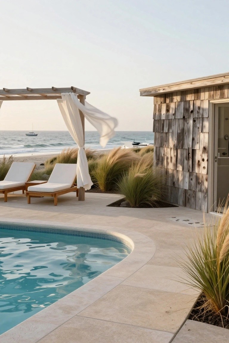 Inground pool with turquoise water and curved travertine edge next to two white-cushioned wooden loungers under a wooden pergola with billowing white sheer curtains, beside a weathered shingle-sided structure and tall beach grasses with ocean in background.