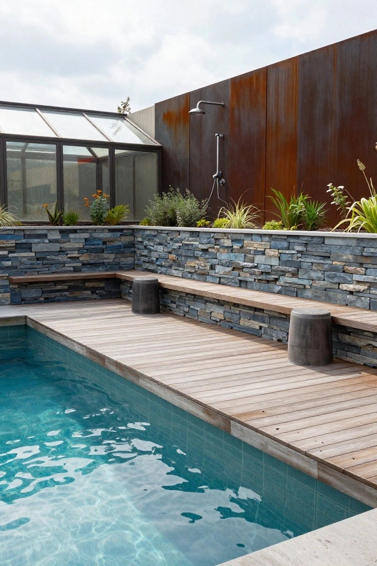 Turquoise-tiled inground pool adjacent to a light wood deck, with a blue-gray stone retaining wall featuring integrated wooden benches and dark stools, plants along the top, an outdoor shower on a rusted metal wall, and a glass-roofed structure nearby.