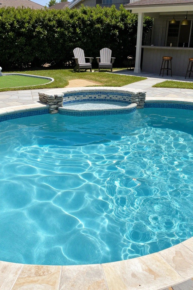 Round inground pool with elevated blue mosaic tiled steps, surrounded by beige stone decking, artificial turf putting green, grass patches, two Adirondack chairs, and a covered bar area with stools in a backyard.
