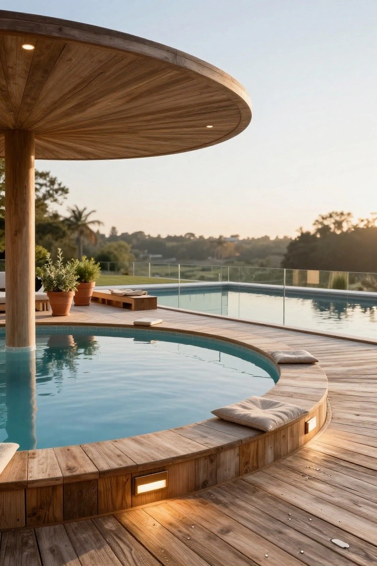 Curved wooden hot tub integrated into a deck beside a rectangular inground pool with glass railing, shaded by a large circular wooden canopy on a central post, with potted plants and cushions nearby.
