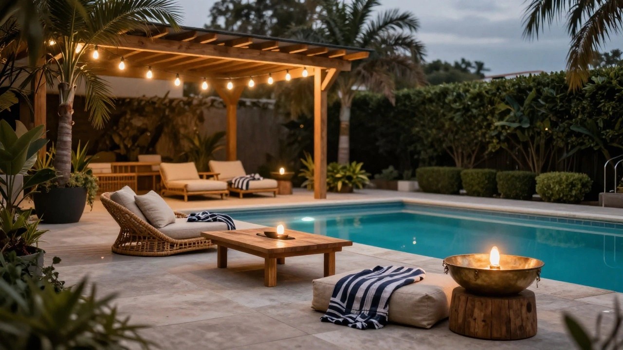 Wooden pergola with hanging warm bulb string lights over a patio featuring lounge chairs, a low table, fire pit, and pool at dusk with palms and plants around.