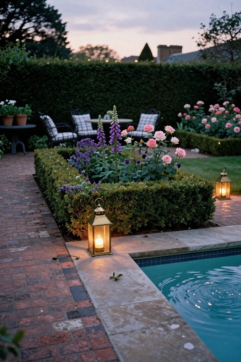 20 Cozy Patio Lighting Around Pool Ideas That Make Evenings Last Longer Brick-paved patio edge next to a turquoise pool at dusk, with two brass lanterns lit on the ground, boxwood hedges enclosing flower beds of purple foxgloves and pink roses, wicker chairs at a checkered table, and potted plants nearby.