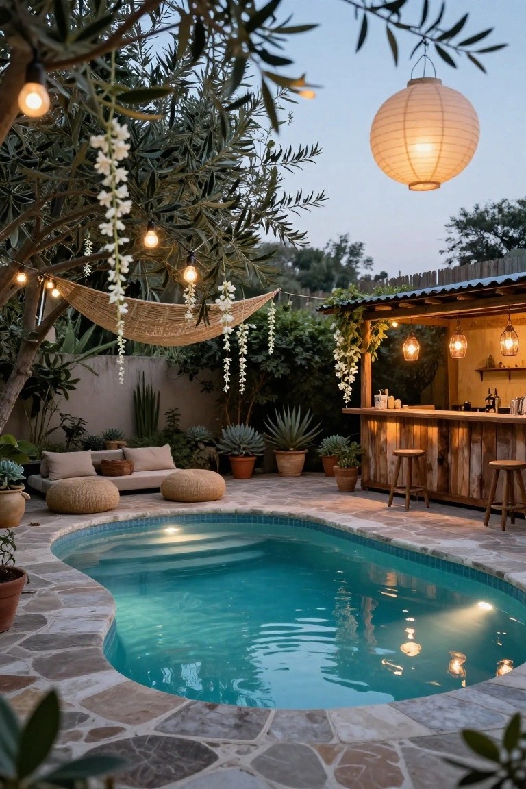 20 Cozy Patio Lighting Around Pool Ideas That Make Evenings Last Longer Kidney-shaped pool in a backyard surrounded by potted plants, olive trees, a wooden bar with stools and lanterns, cushioned seating, and string lights draped from trees and a canopy.