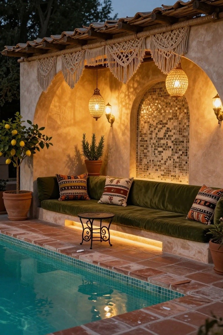 20 Cozy Patio Lighting Around Pool Ideas That Make Evenings Last Longer Outdoor built-in green velvet bench with patterned pillows beside a pool, arched stucco wall with mosaic tile niche, hanging rattan lanterns, wall sconces, potted lemon tree and rosemary, terracotta pots, and LED underlighting on tiled patio.