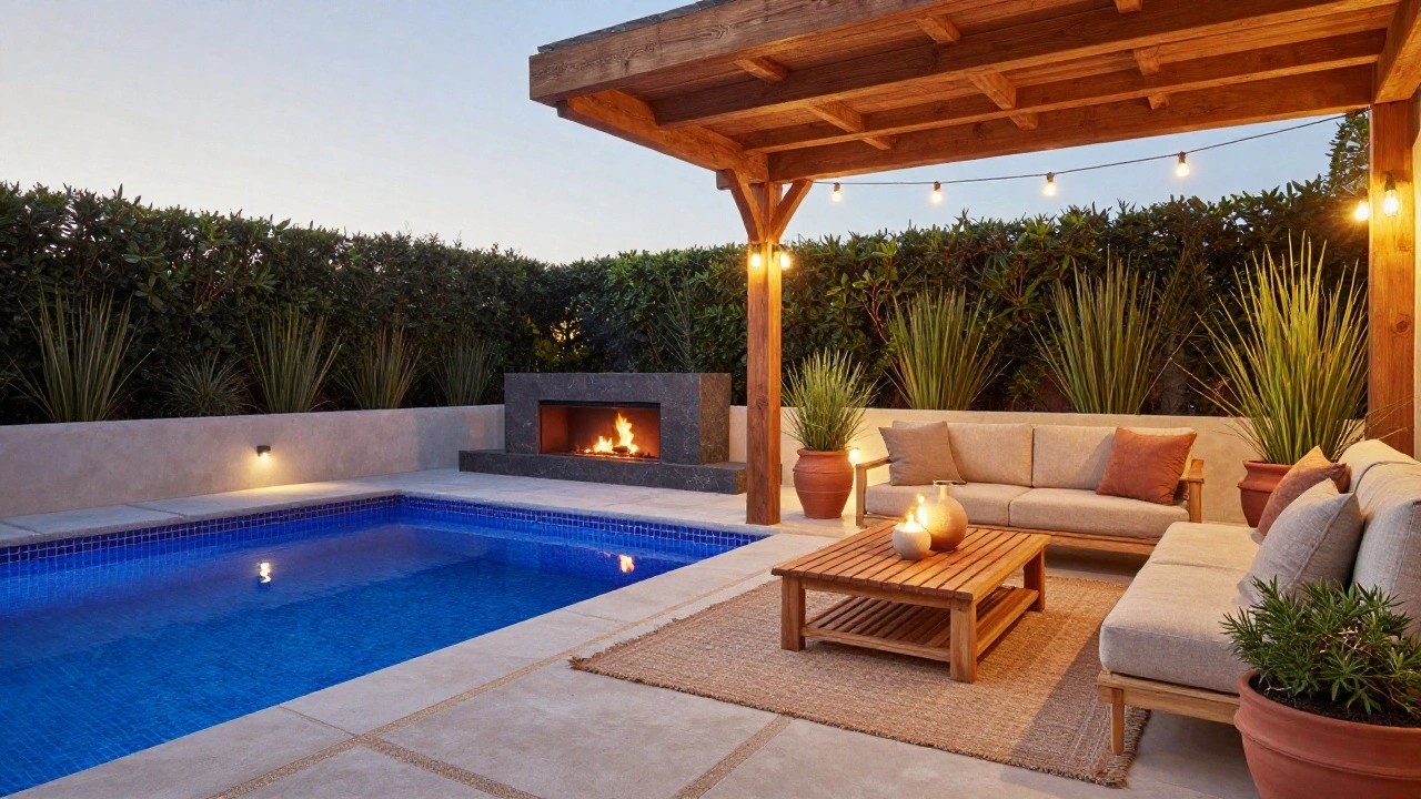 Wooden pergola with string lights over a built-in linear fireplace, modular beige lounge seating, and a blue-tiled pool, with potted plants and hedges in the background at dusk.