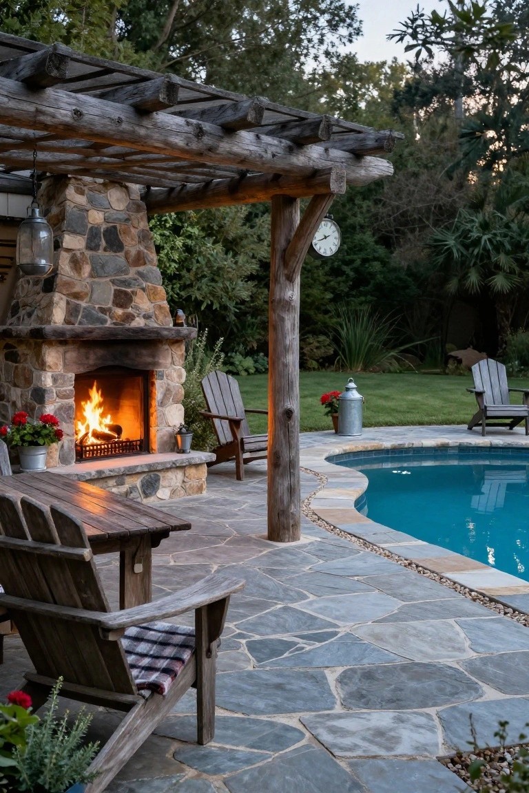 Outdoor Fireplace Under Rustic Pergola
