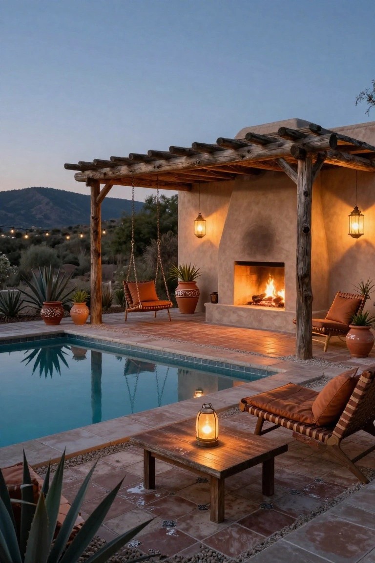 Rustic wooden pergola covering an adobe outdoor fireplace and lounge seating next to a rectangular pool, with potted succulents, lanterns, and desert hillside views at dusk.