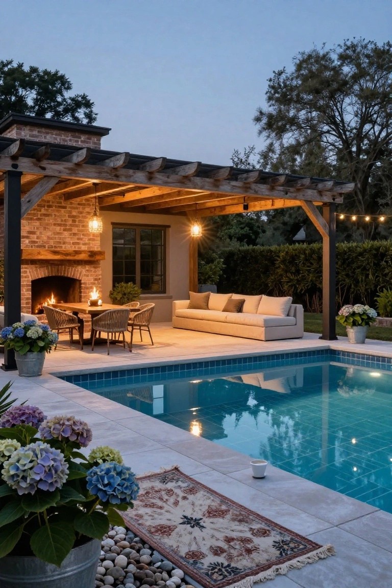 Backyard pool at dusk with wooden pergola covering brick outdoor fireplace, wooden dining table with chairs, beige sofa, potted hydrangeas, and tiled patio edged by greenery.