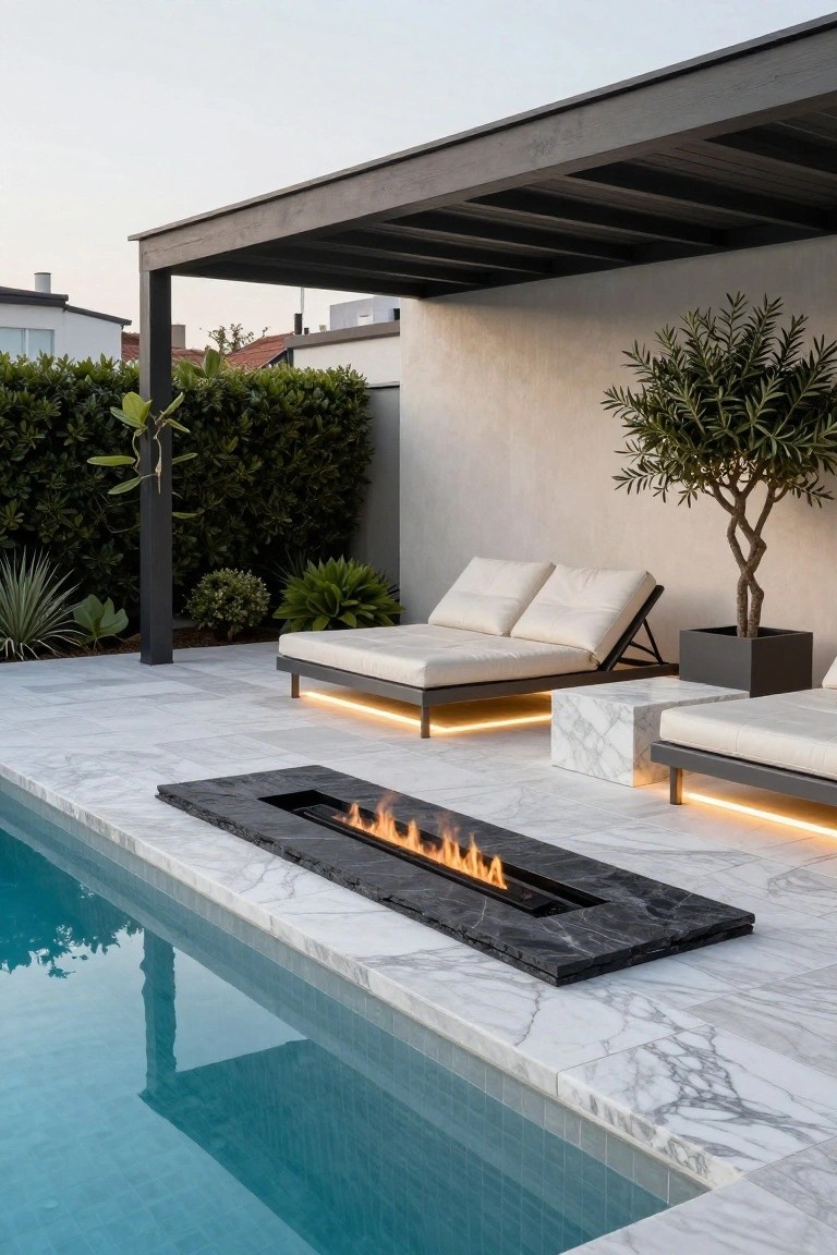Modern poolside deck with linear black marble fire pit along the pool edge, white marble flooring, two beige cushioned lounge chairs under dark steel pergola, potted olive tree, and greenery backdrop.