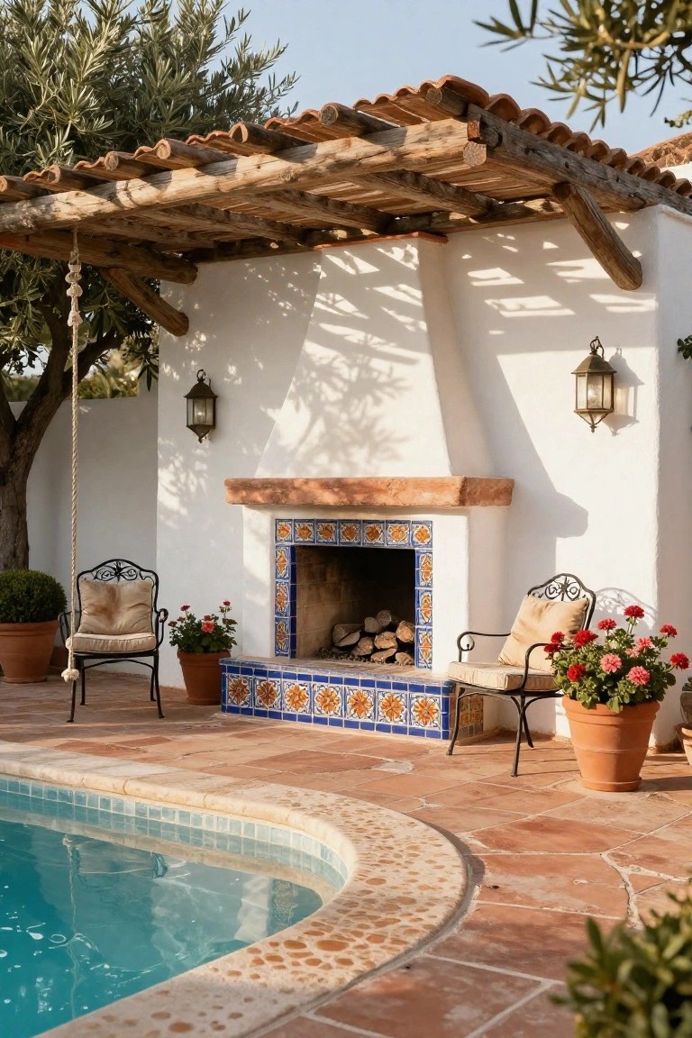 White stucco wall with arched blue-and-yellow tiled outdoor fireplace under wooden-beamed pergola, two cushioned wrought-iron chairs with potted red geraniums nearby, turquoise pool with terracotta decking in foreground.