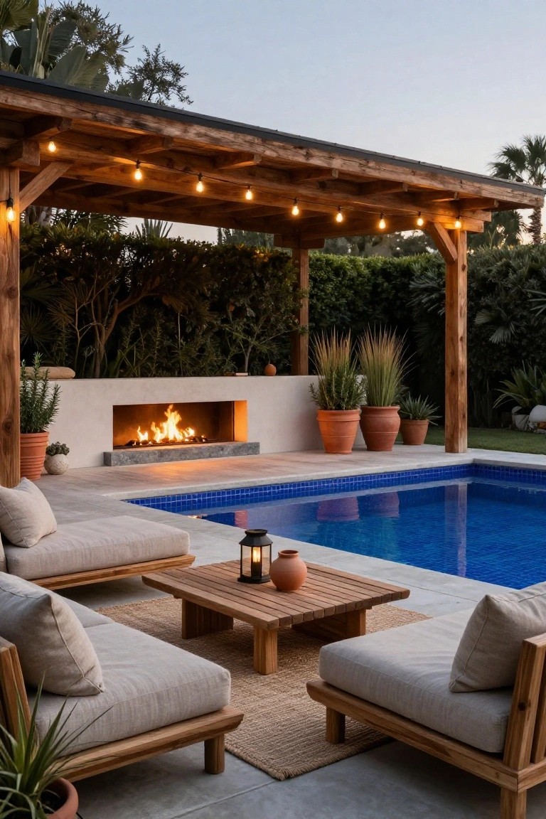 Wooden pergola with string lights over a built-in linear fireplace, modular beige lounge seating, and a blue-tiled pool, with potted plants and hedges in the background at dusk.