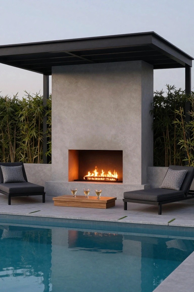 Modern outdoor pool area with a linear gas fireplace in a tall gray stucco surround under a black steel pergola, two black lounge chairs on a wooden platform beside a teak table holding three glasses of champagne, bamboo plants for screening, and tiled pool deck.
